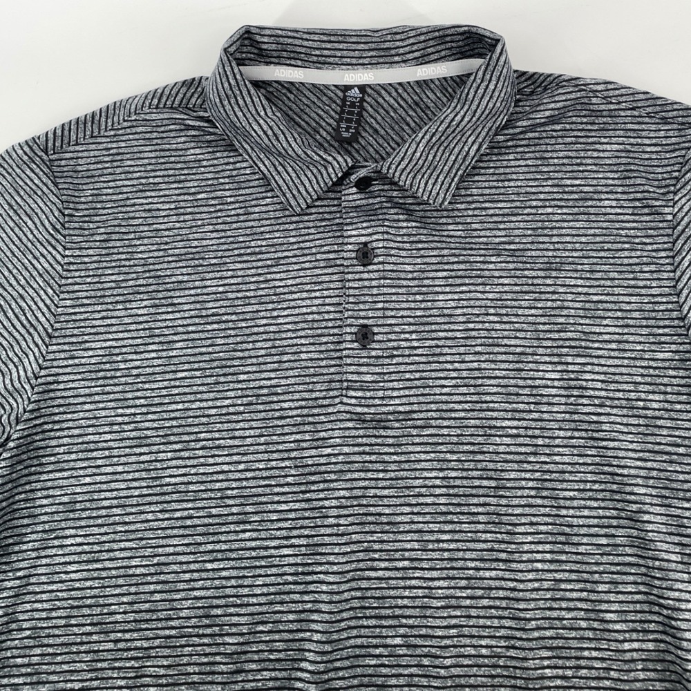 Adidas Golf Polo Shirt Mens Large Grey Black Striped Performance Short Sleeve